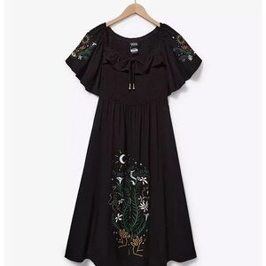 Boxlunch Hocus Pocus Disney Black Ruffled Midi Sundress with Flutter Cap Sleeves